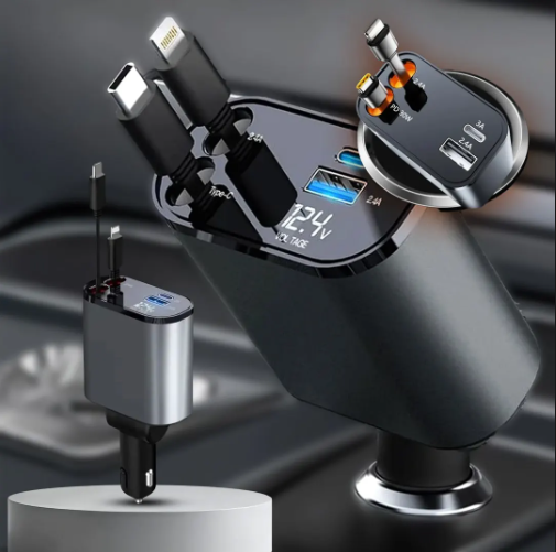 شاحن سيارة 4 في 1 بكابلات قابلة للسحب ومنافذ USB وType-C
