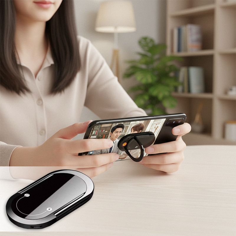 حلقة تثبيت للهاتف مع مسند وولاعة مدمجة بتصميم أسود أنيق