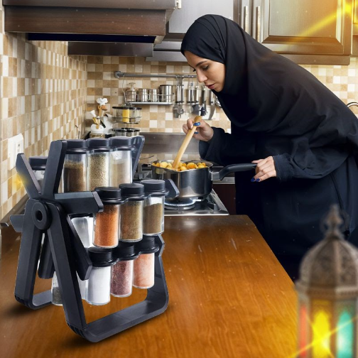 منظم توابل دوّار عملي للمطبخ مع حاويات متعددة لتوفير المساحة