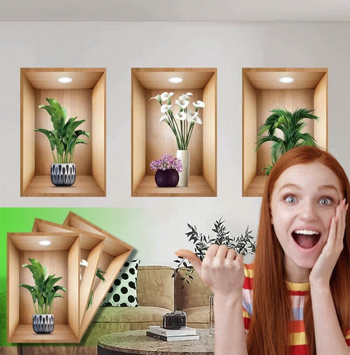 ملصقات حائط PVC ثلاثية الشكل بتصميم رفوف نباتات للديكور المنزلي
