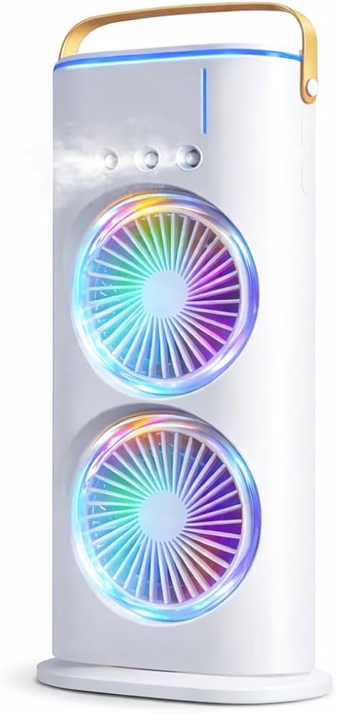مبرد هواء ومرطب محمول بمروحتين وإضاءة LED للمنزل والمكتب