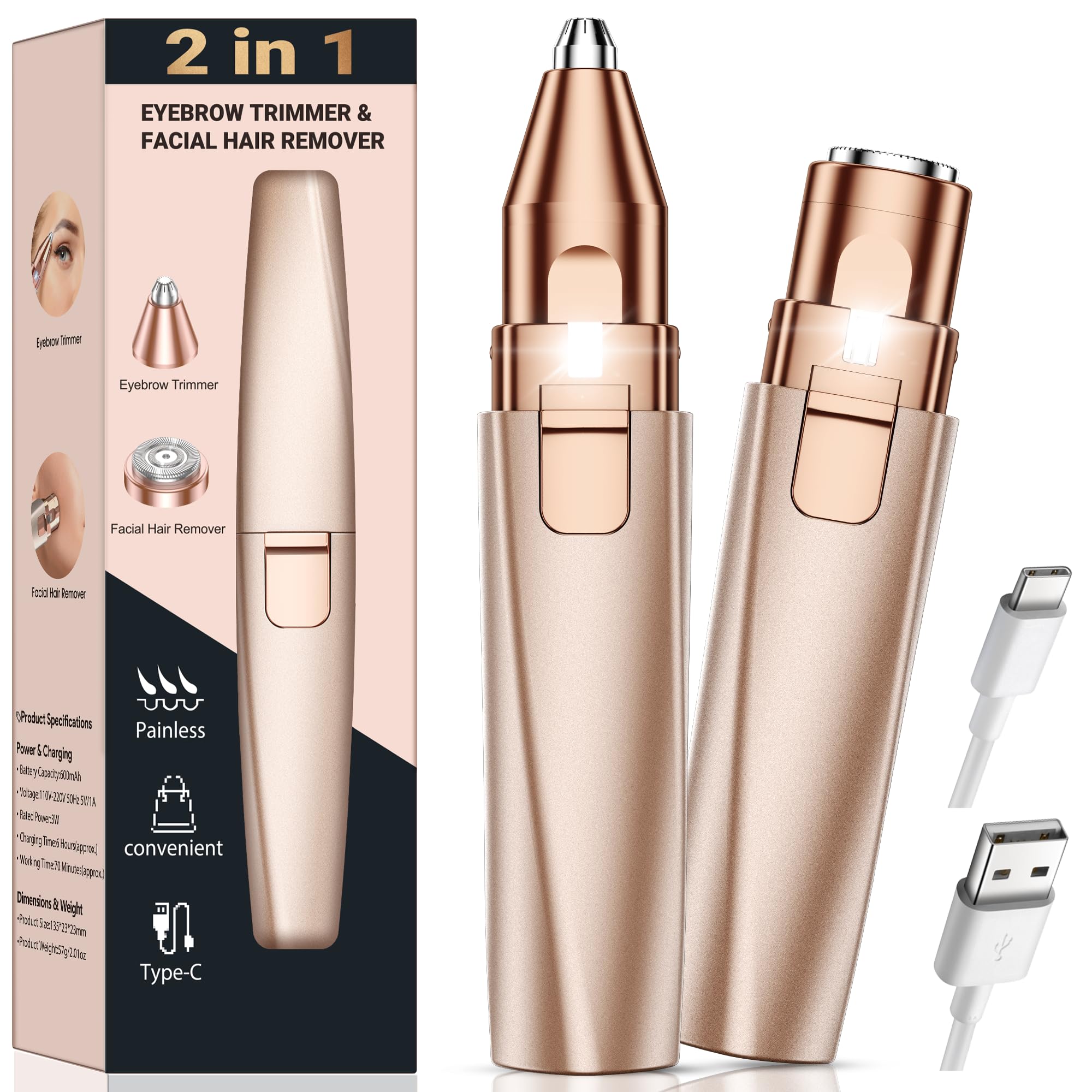 مزيل شعر الحواجب والوجه الكهربائي 2 في 1 قابل للشحن Type-C
