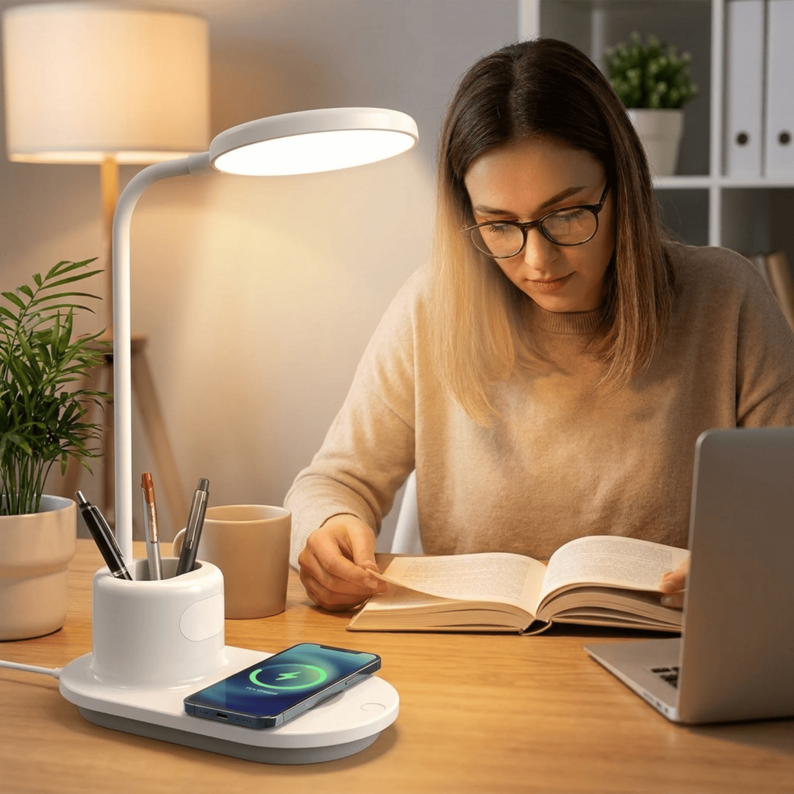 مصباح طاولة LED مع شاحن لاسلكي وحامل أقلام للمكتب والدراسة