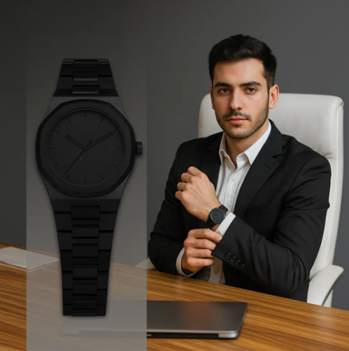 ساعة يد سوداء بتصميم تناظري أنيق وسوار متناسق